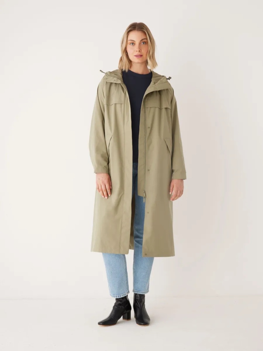 Frank & Oak Long Hooded Trench Coat in Sage Green